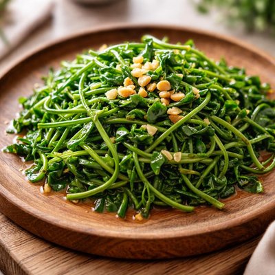 Pea shoots with garlic sauce