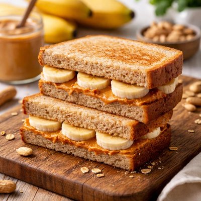 Peanut butter and banana sandwich on whole wheat bread