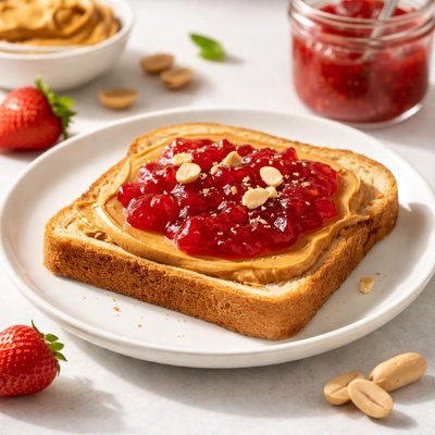 Peanut butter and jam on a piece of bread