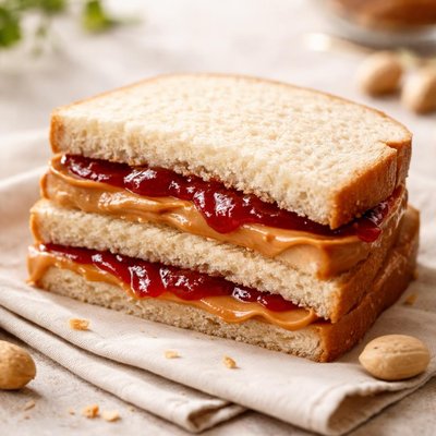Peanut butter and jelly sandwich on white bread