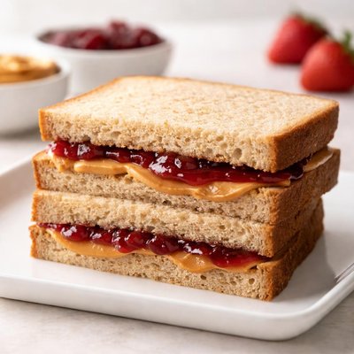 Peanut butter and jelly wheat bread sandwich