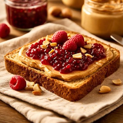 Peanut butter and raspberry jam toast