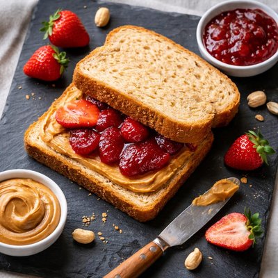 Peanut butter and strawberry jam wheat bread sandwich