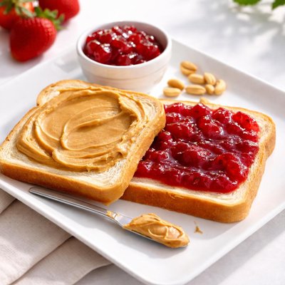 Peanut butter and strawberry jelly on white bread
