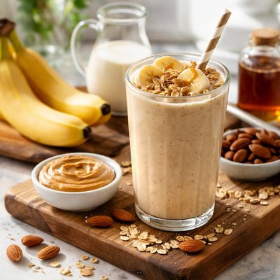 Leche de almendra con mantequilla de cacahuate, plátano y jarabe de arce