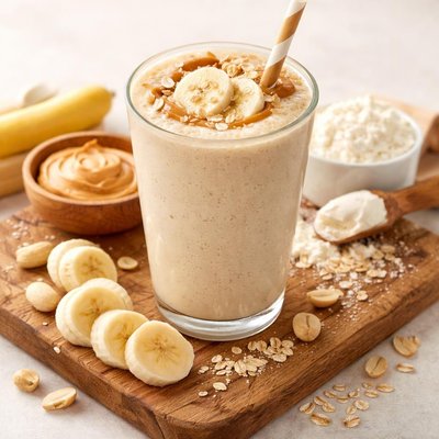 花生酱香蕉和乳清蛋白奶昔