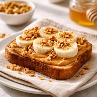 Tostada de mantequilla de cacahuate con plátano y granola