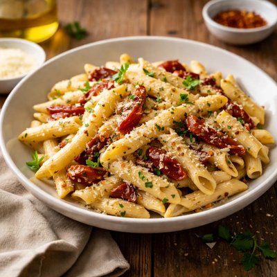 Penne alfredo with sun dried tomatoes