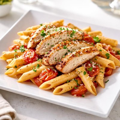 Макароны пенне с курицей.