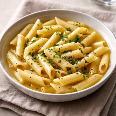 Penne cooked in chicken stock