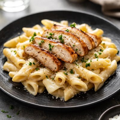 Penne pasta with alfredo sauce and grilled chicken
