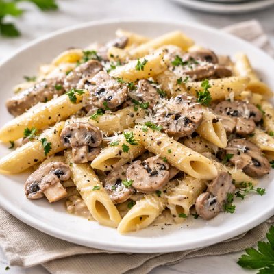 Penne pasta with creamy mushroom sauce