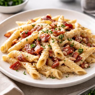 Penne pasta with creamy sauce and bacon