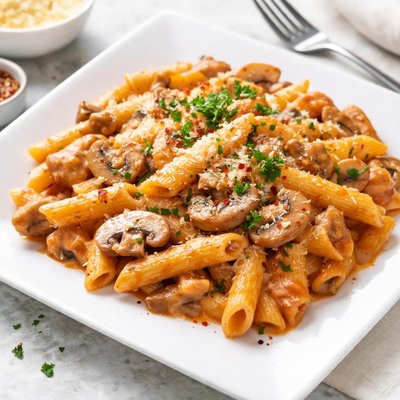 Penne pasta with creamy tomato sauce and mushrooms