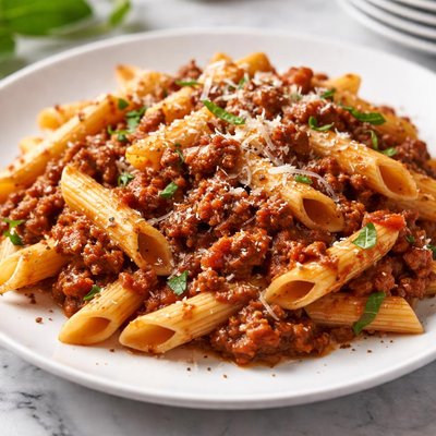 Penne pasta with meat sauce