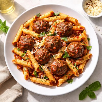 Penne pasta with meatballs