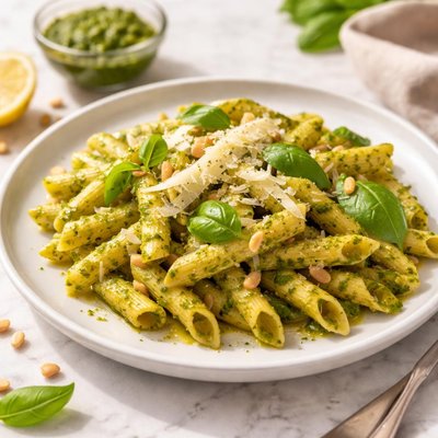 Penne pasta with pesto and cheese