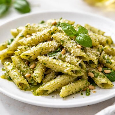 Penne pasta with pesto sauce