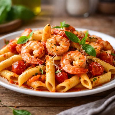 Penne pasta with shrimp and tomato sauce