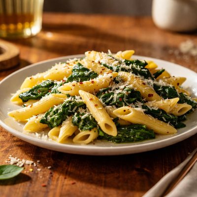 Penne pasta with spinach and cheese
