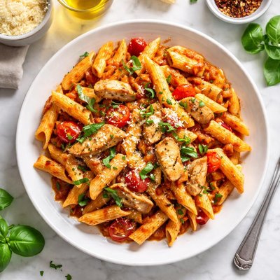 Penne pasta with tomato and chicken