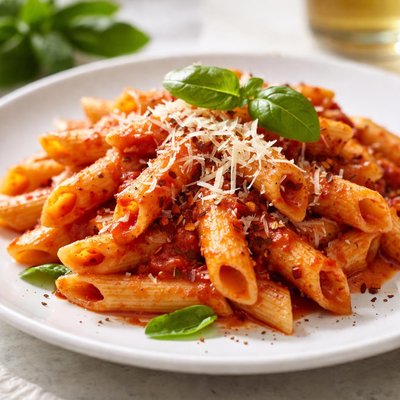 Penne pasta with tomato sauce and cheese