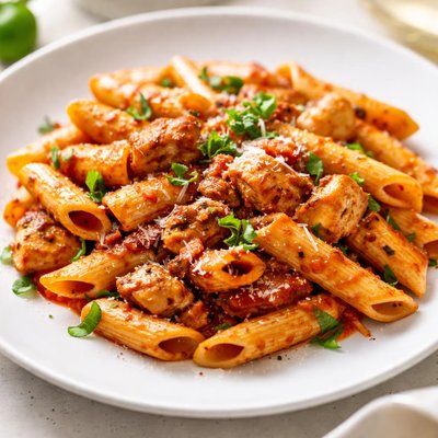 Penne pasta with tomato sauce and chicken