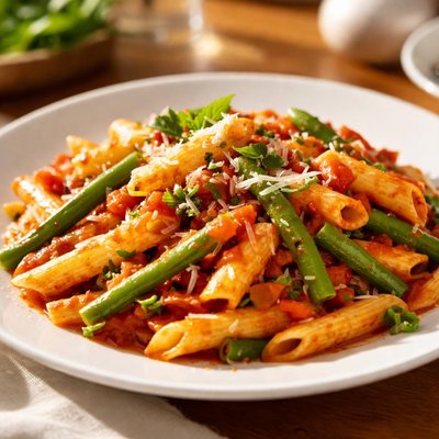 Penne pasta with tomato sauce and green beans
