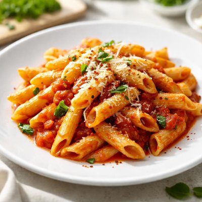 Penne pasta with tomato sauce and parmesan