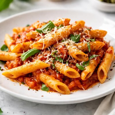 Pasta de penne con salsa de tomate y queso parmesano