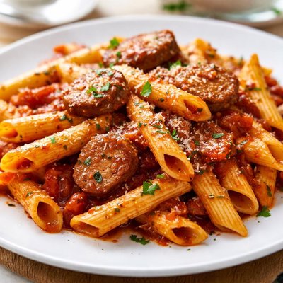 Penne pasta with tomato sauce and sausage