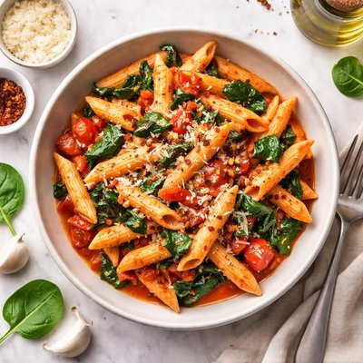 Penne pasta with tomato sauce and spinach