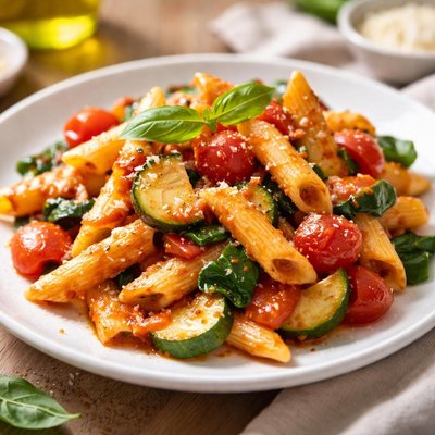 通心粉配番茄酱和蔬菜