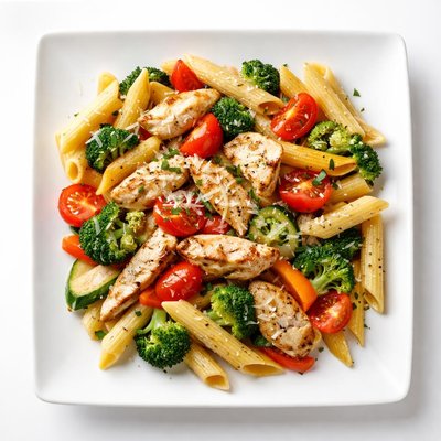 Penne pasta with vegetables and chicken