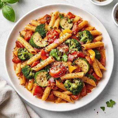 Pasta de penne con verduras y salsa de tomate