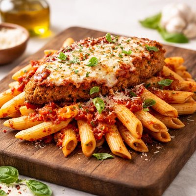 Penne rigate with tomato sauce and chicken parmesan