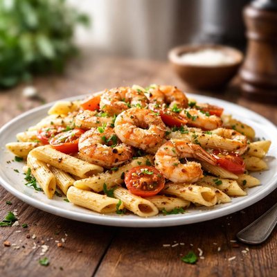 Penne spaghetti with prawns
