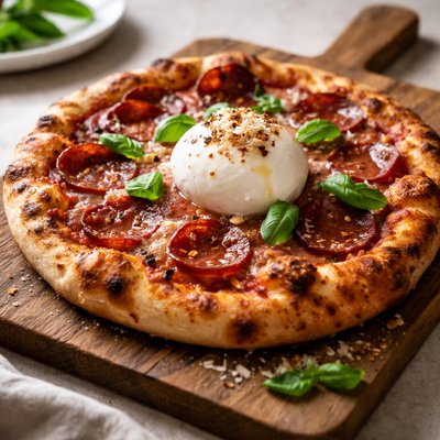 Peperoni and burrata pizza