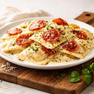 Peperoni ravioli with alfredo sauce