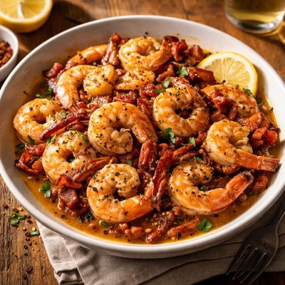Pepper shrimp with bacon