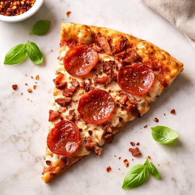 Pepperoni bacon pizza slice