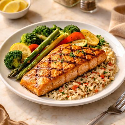 烤三文鱼搭配混合蔬菜和米饭