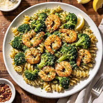 青酱虾伴意大利螺旋面和西兰花