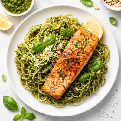 Pesto herb pasta and salmon
