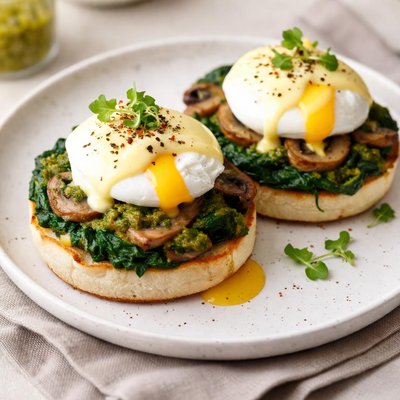 Яичница по-бенедиктински с шпинатом, грибами и песто