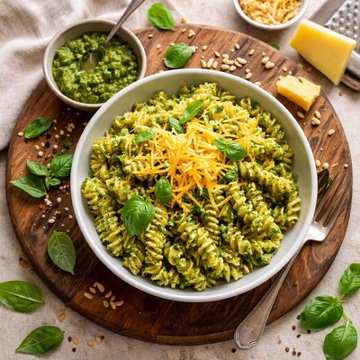 Pesto pasta with cheddar cheese