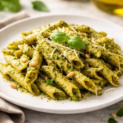 Pasta de penne con pesto