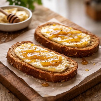 Tostada de miel en pan integral con mantequilla