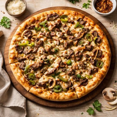 Philly steak and cheese pizza