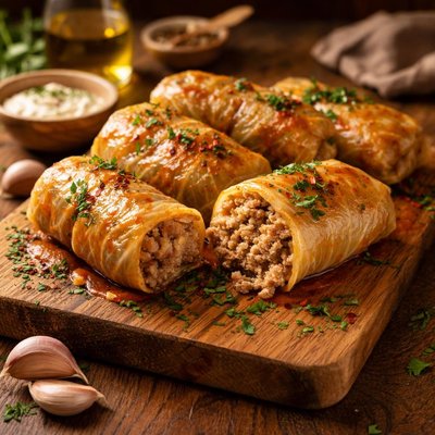 Pickled cabbage rolls with porc and rice